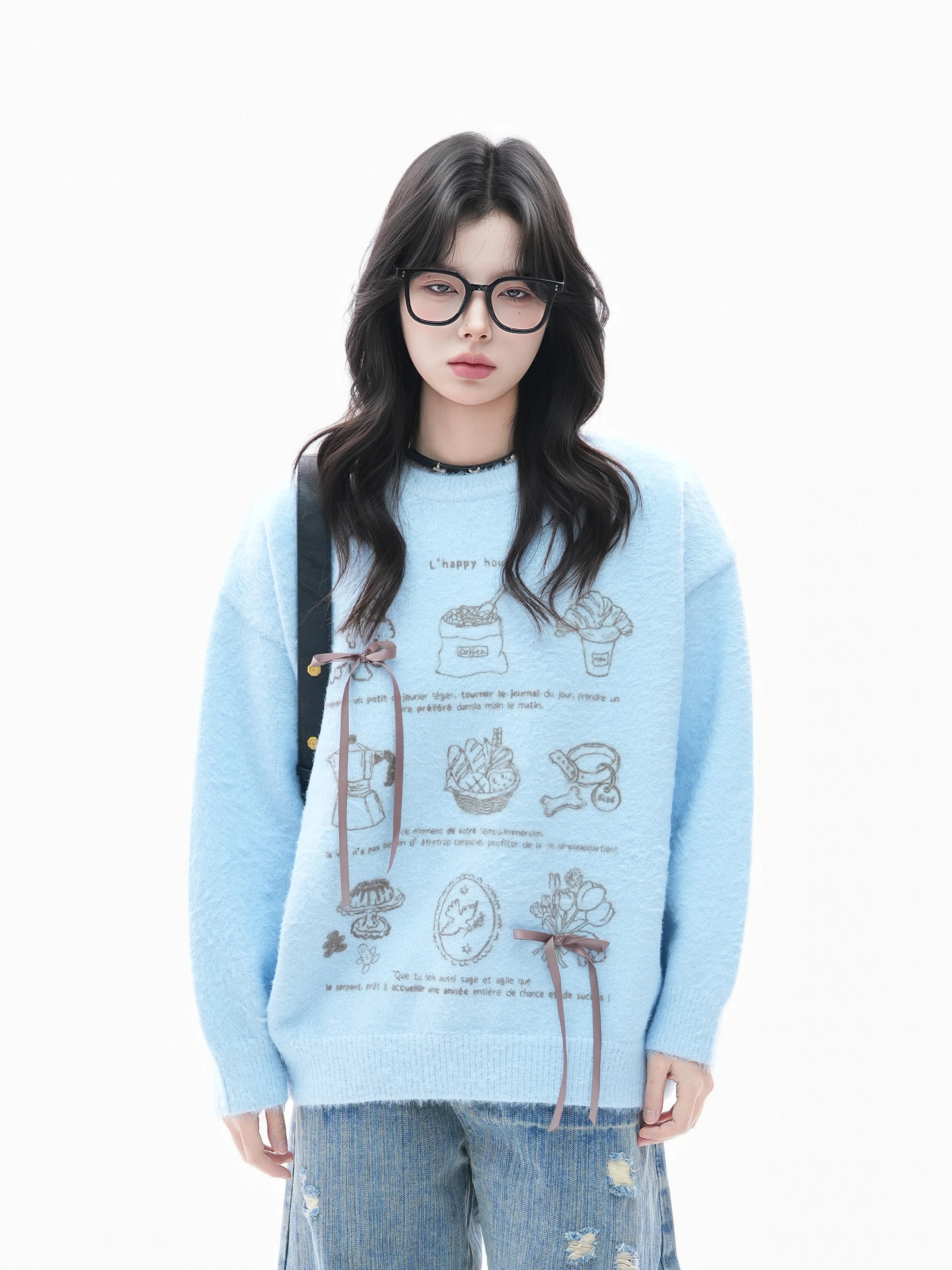 Zuocisankon Soft Waxy Knitted Bow Jacquard Sweater