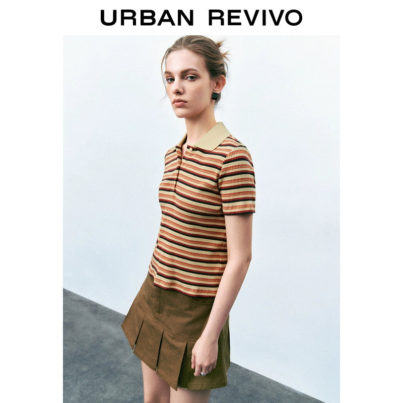 URBAN REVIVO College Color Contrasting Striped T-shirt Polo Shirt