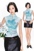 YEDM Printed Sleeveless Stand-up Collar Short Vest