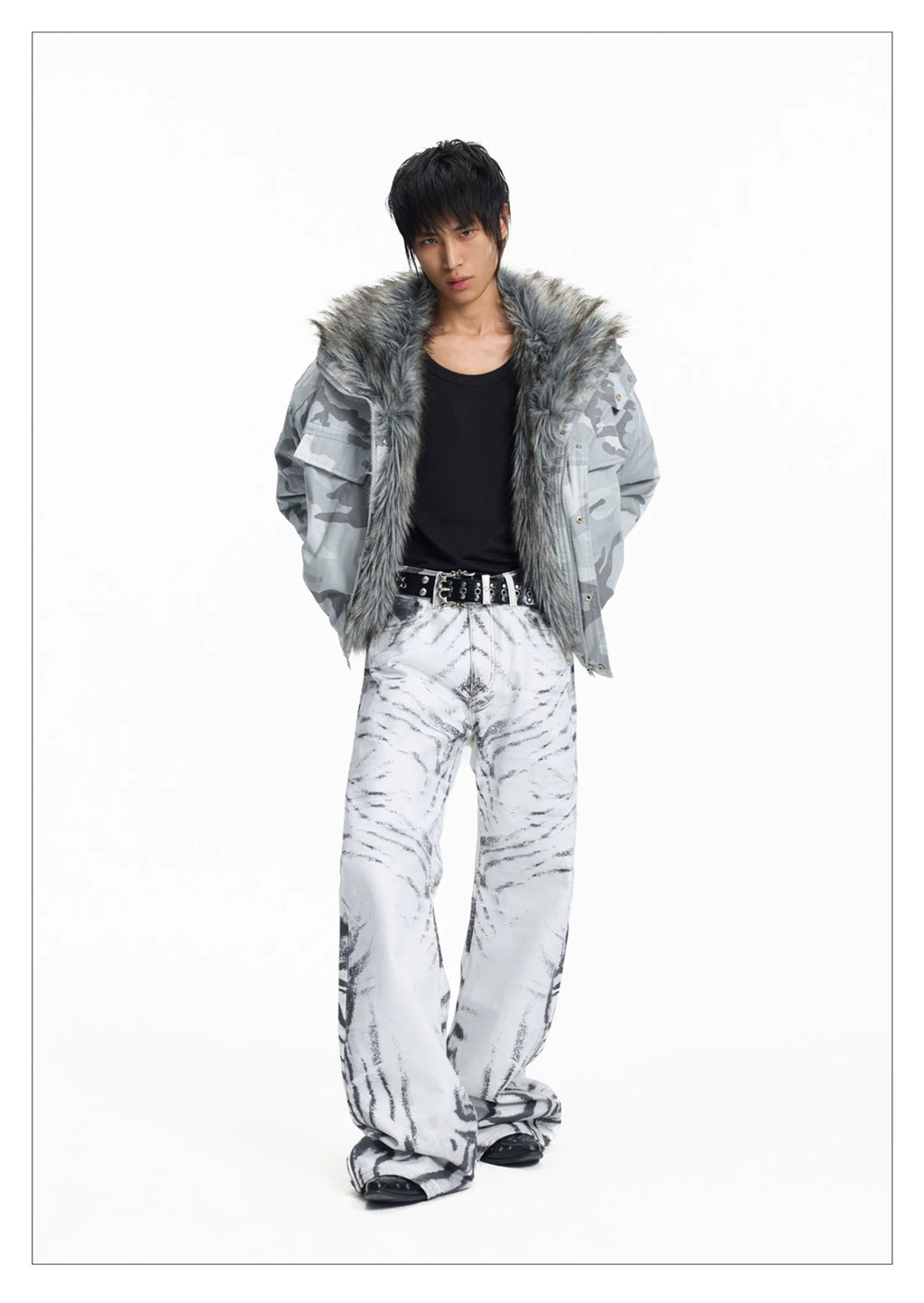 Lightinus Grey and White Camouflage Faux Wolf Hair Lapel Embroidered Padded Jacket