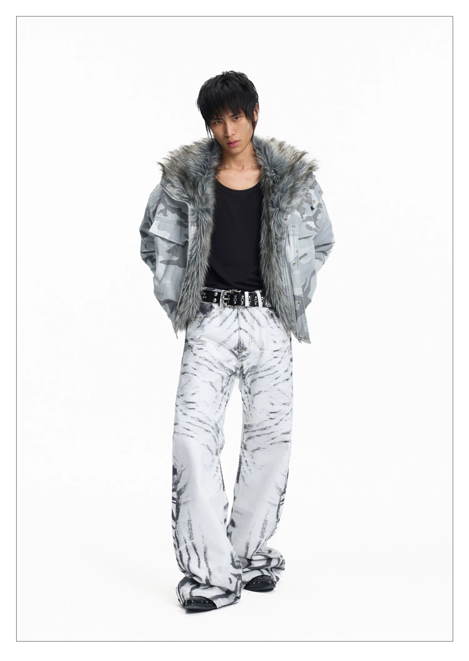 Lightinus Grey and White Camouflage Faux Wolf Hair Lapel Embroidered Padded Jacket
