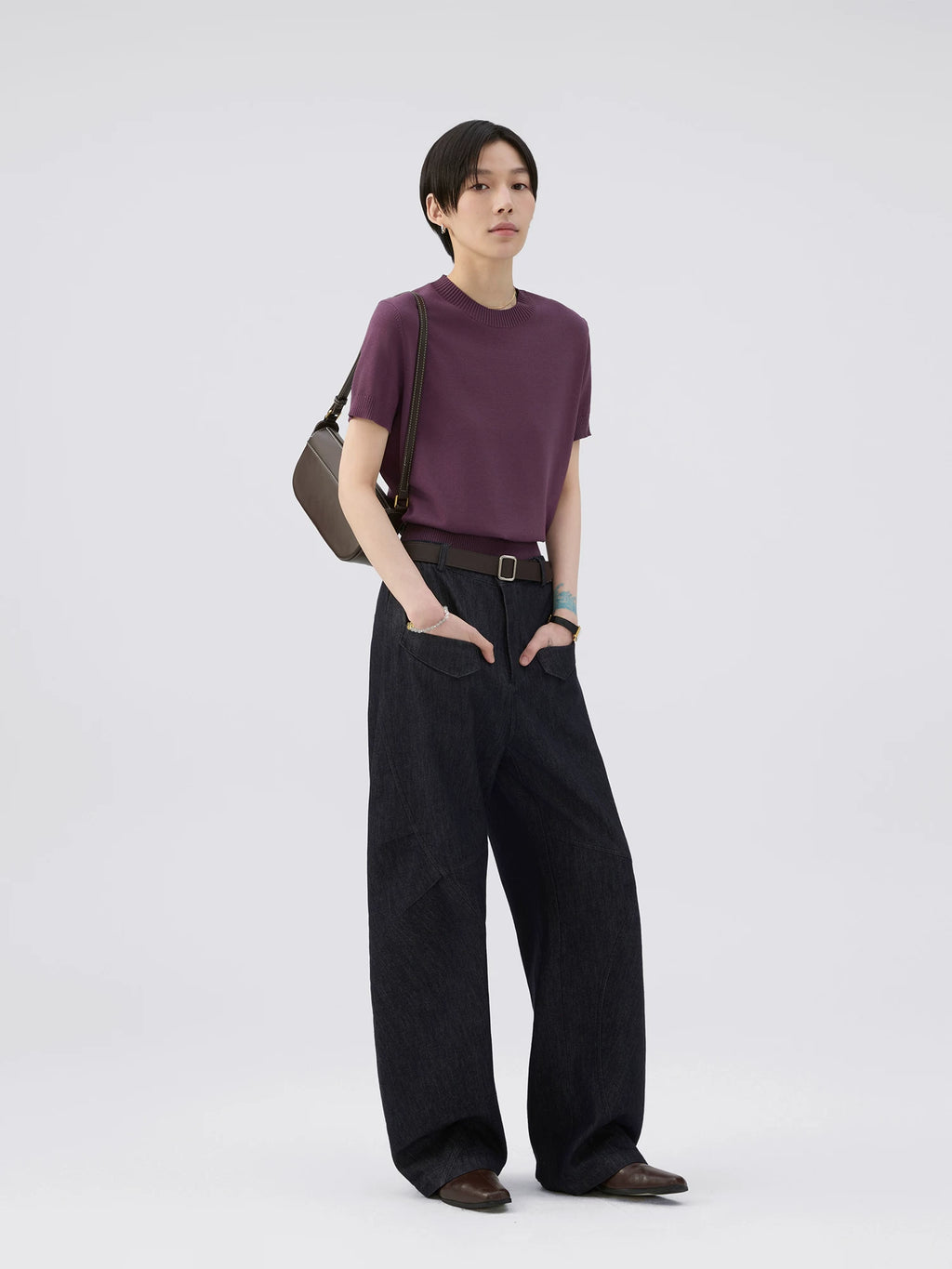 Sameuoo Crew Neck Shoulder Knit Tee
