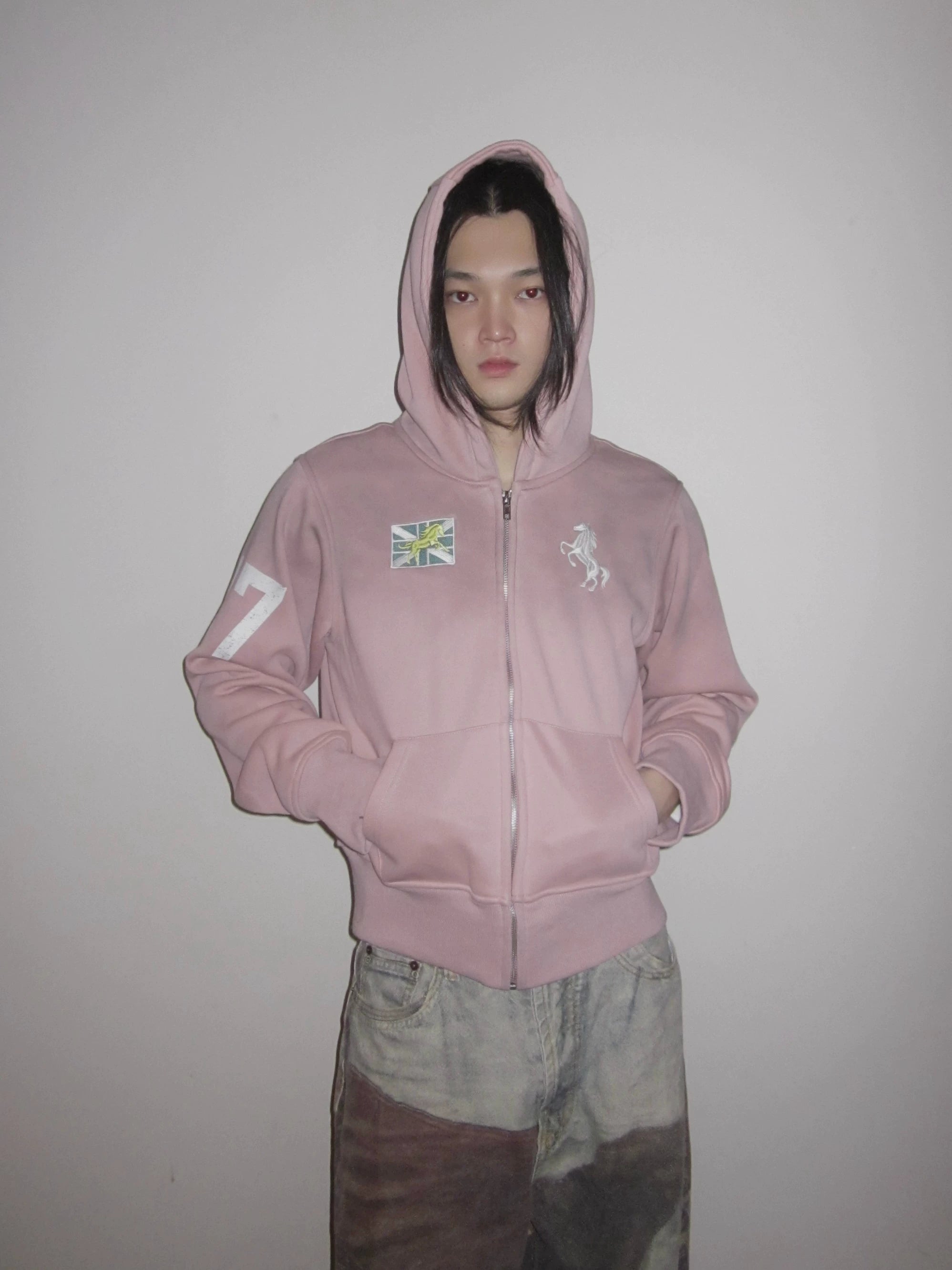 URRRGE Embroidered Cracked Print Hooded Zip-up Sweater