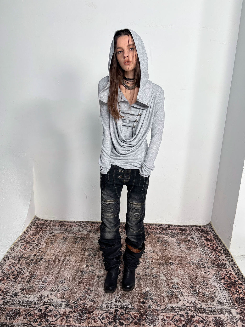 DoublePunch Metal Buckle with Knitted Hooded Bottom Long Sleeve