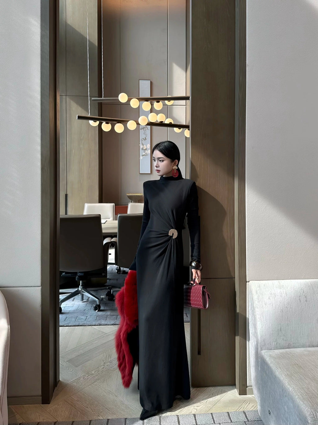 CHUYUQI Semi-turtleneck Pleated Slim-fitting Long-sleeved Dress