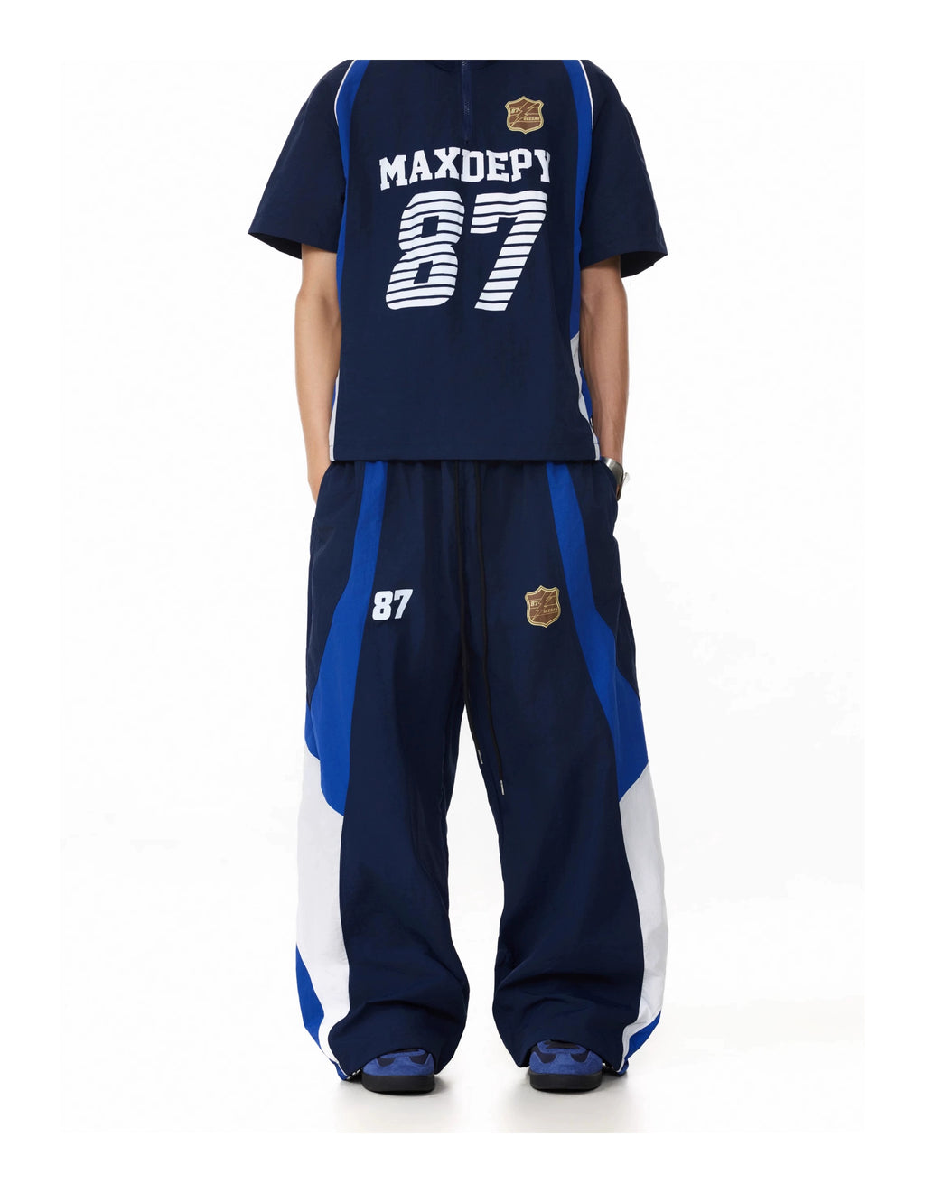 BTSG American retro badge contrasting color splicing elastic waist Pants