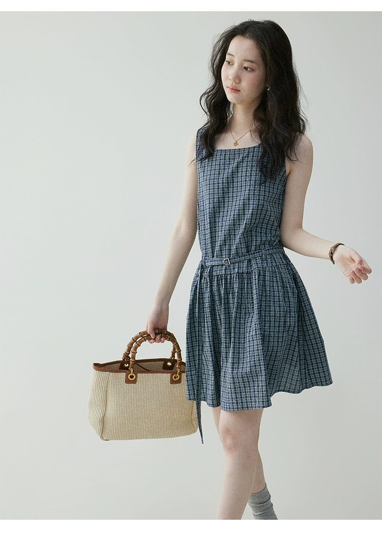 VOOE Retro Contrasting Plaid Waist Strap Dress