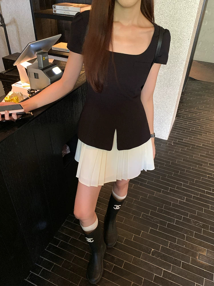 YOUNG KYLIN Contrasting Splicing Fake Two-piece Pleated Dress