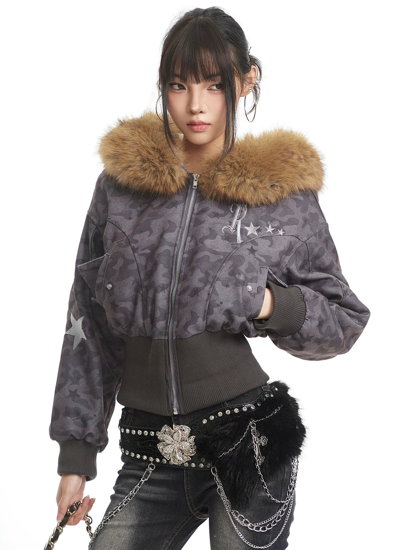 UNCMHISEX Vintage Camouflage Fleece Collar Fleece Waist Short Jacket