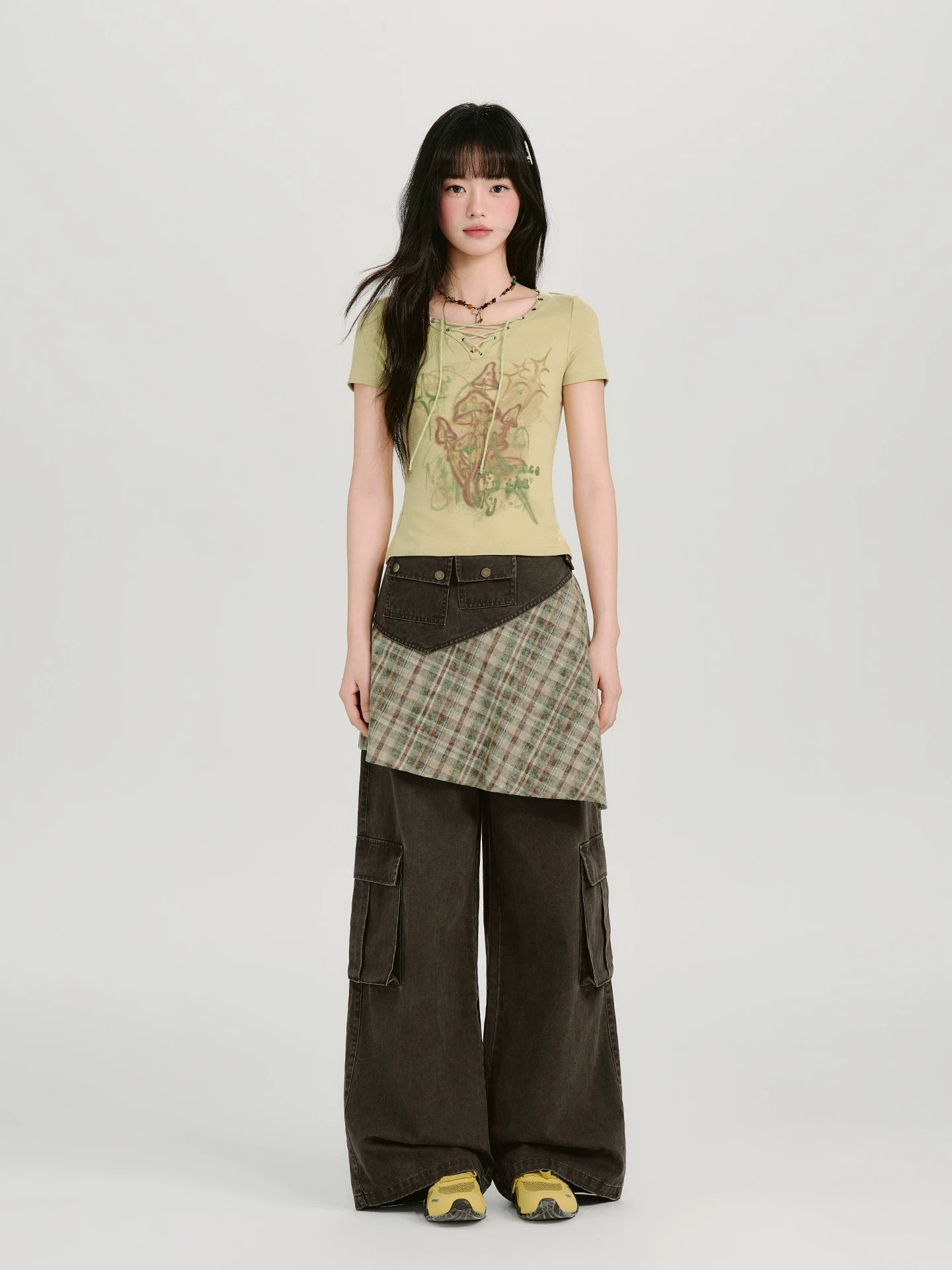 Girlyhalo Vintage Checked Fart Curtain Loose Wide Leg Pants