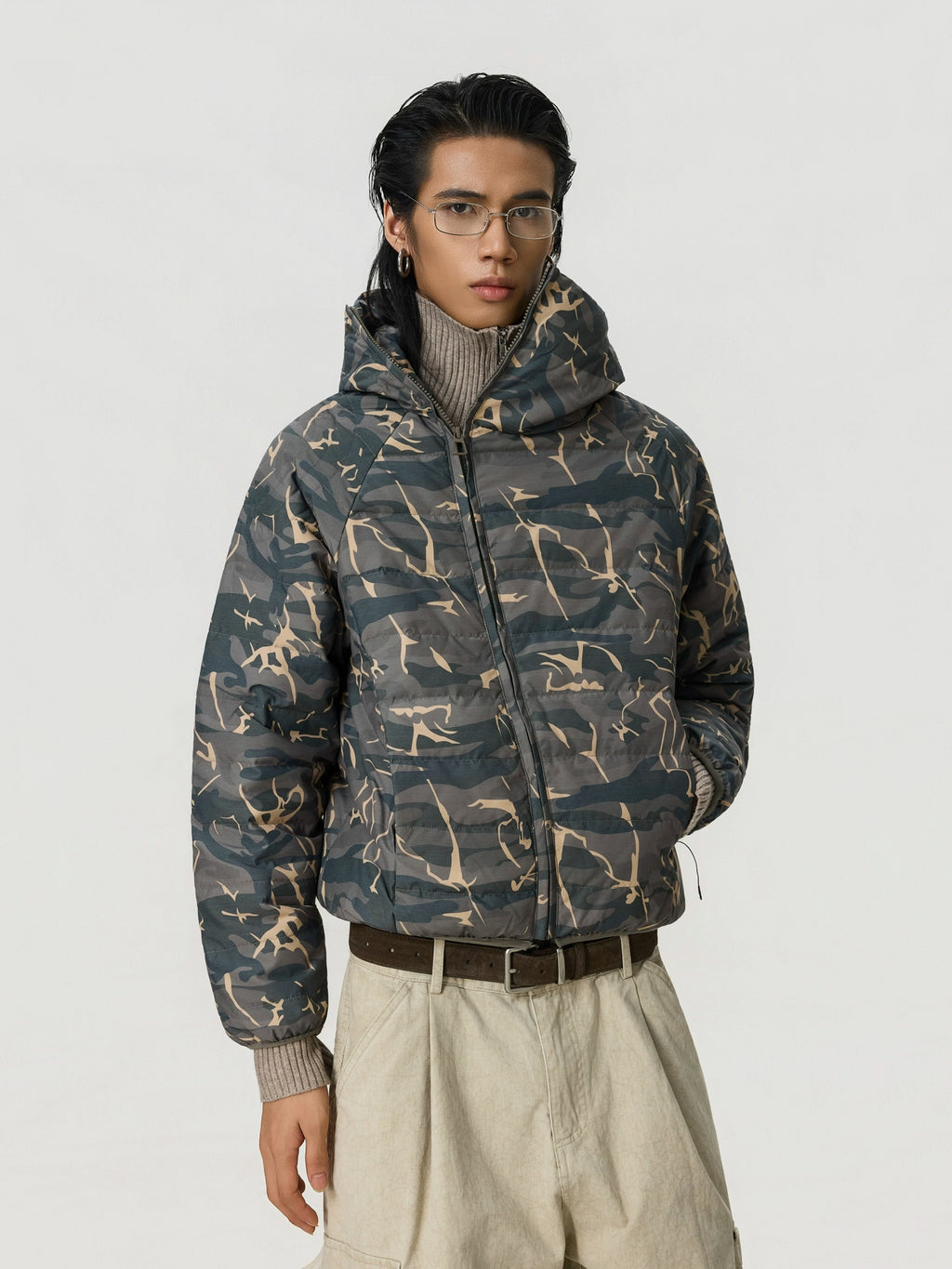 BTSG Vintage Slant Placket Camouflage Hooded Jacket
