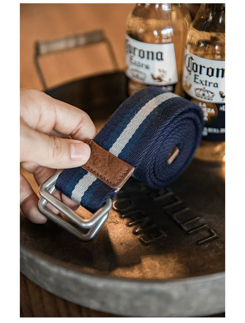 Maden No-Punch Elastic Braided Double Loop Buckle Striped Belt