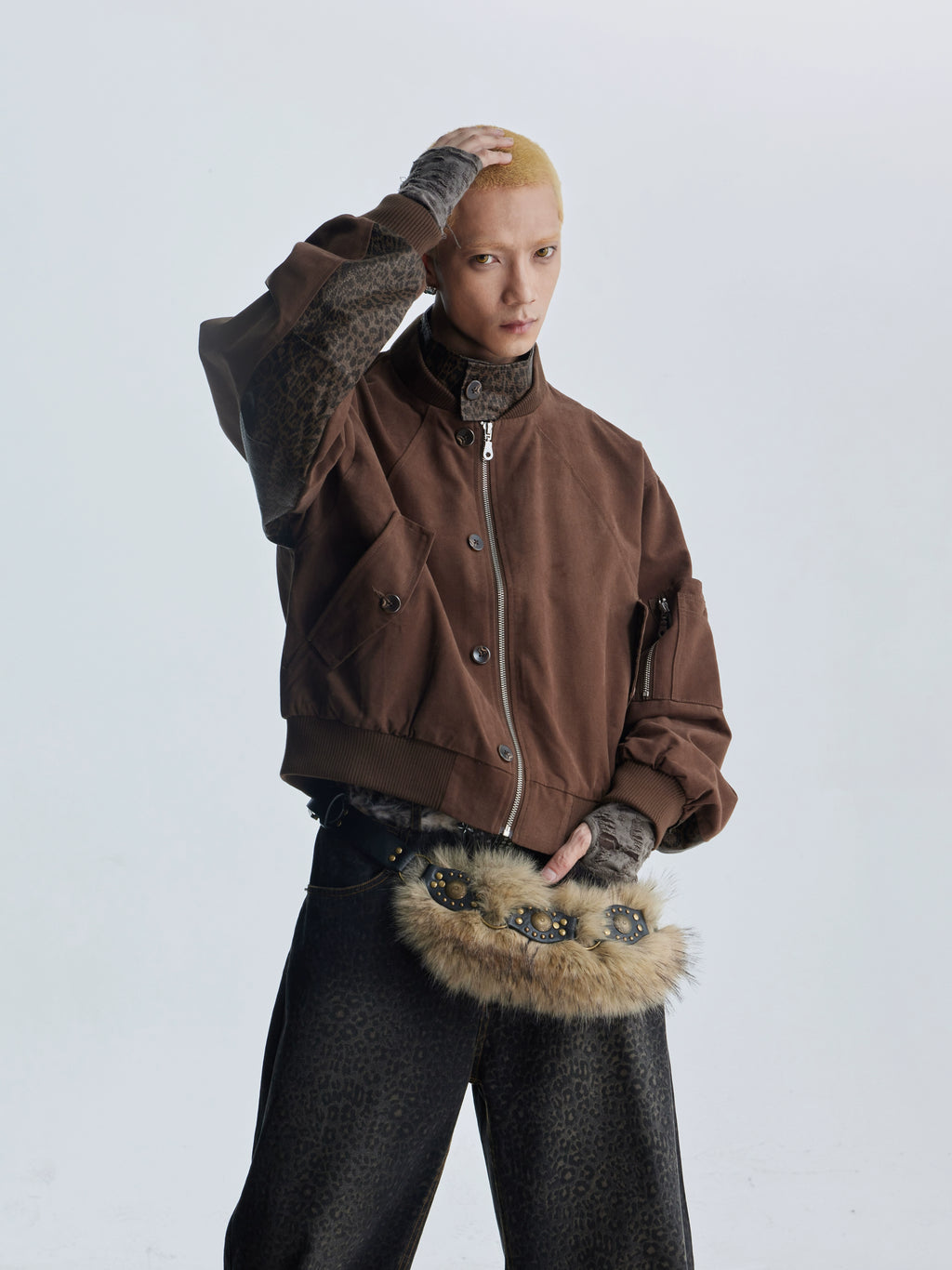 NOMANIAI Leopard Print Leather Fake Two-piece Zipper Baseball Collar Zipper Jacket