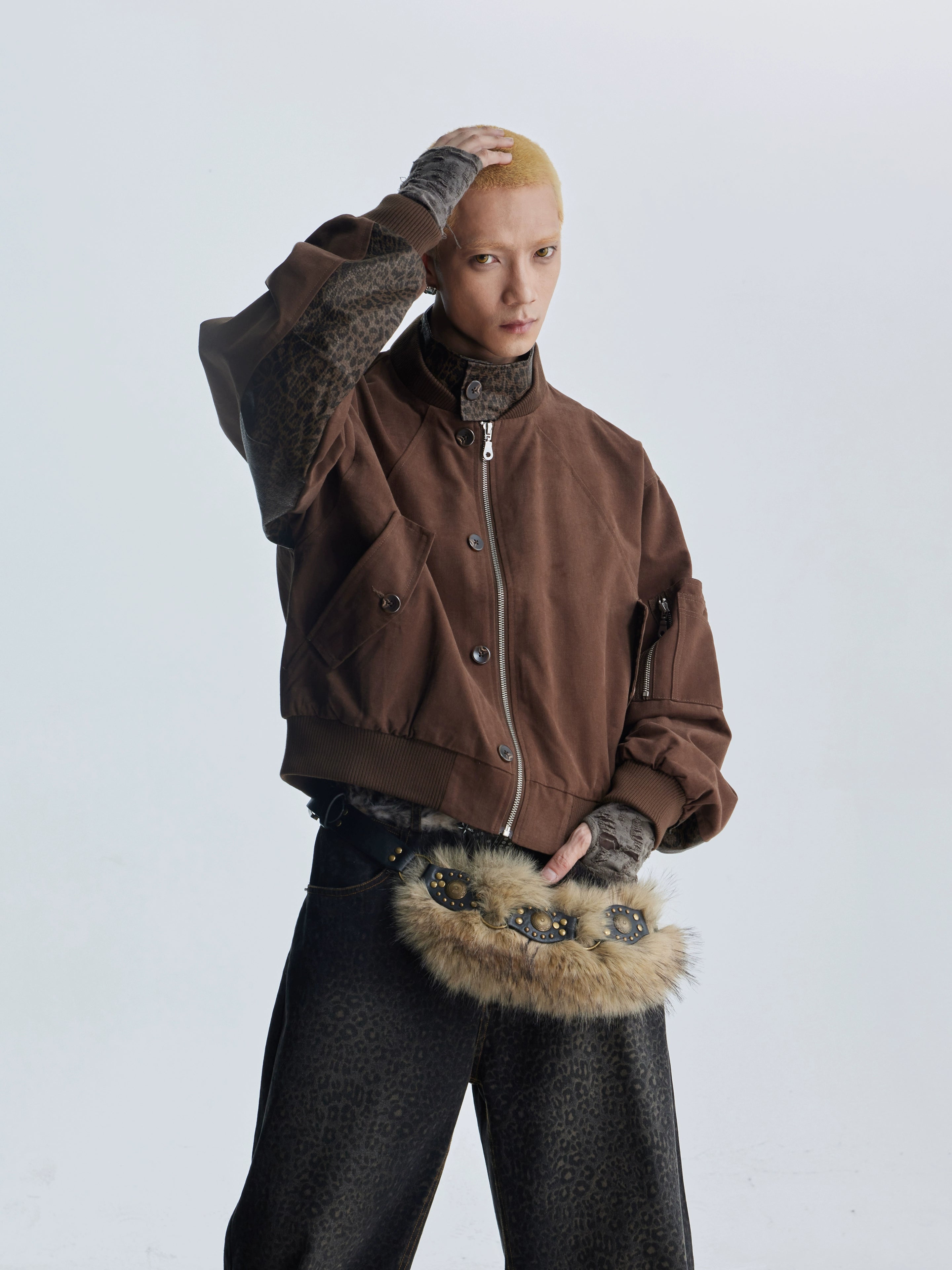 NOMANIAI Leopard Print Leather Fake Two-piece Zipper Baseball Collar Zipper Jacket