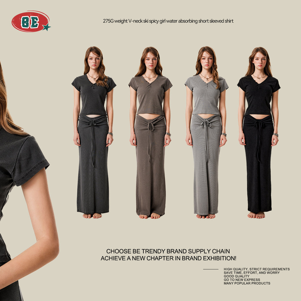 BE Women's slim fit top button v-neck tee