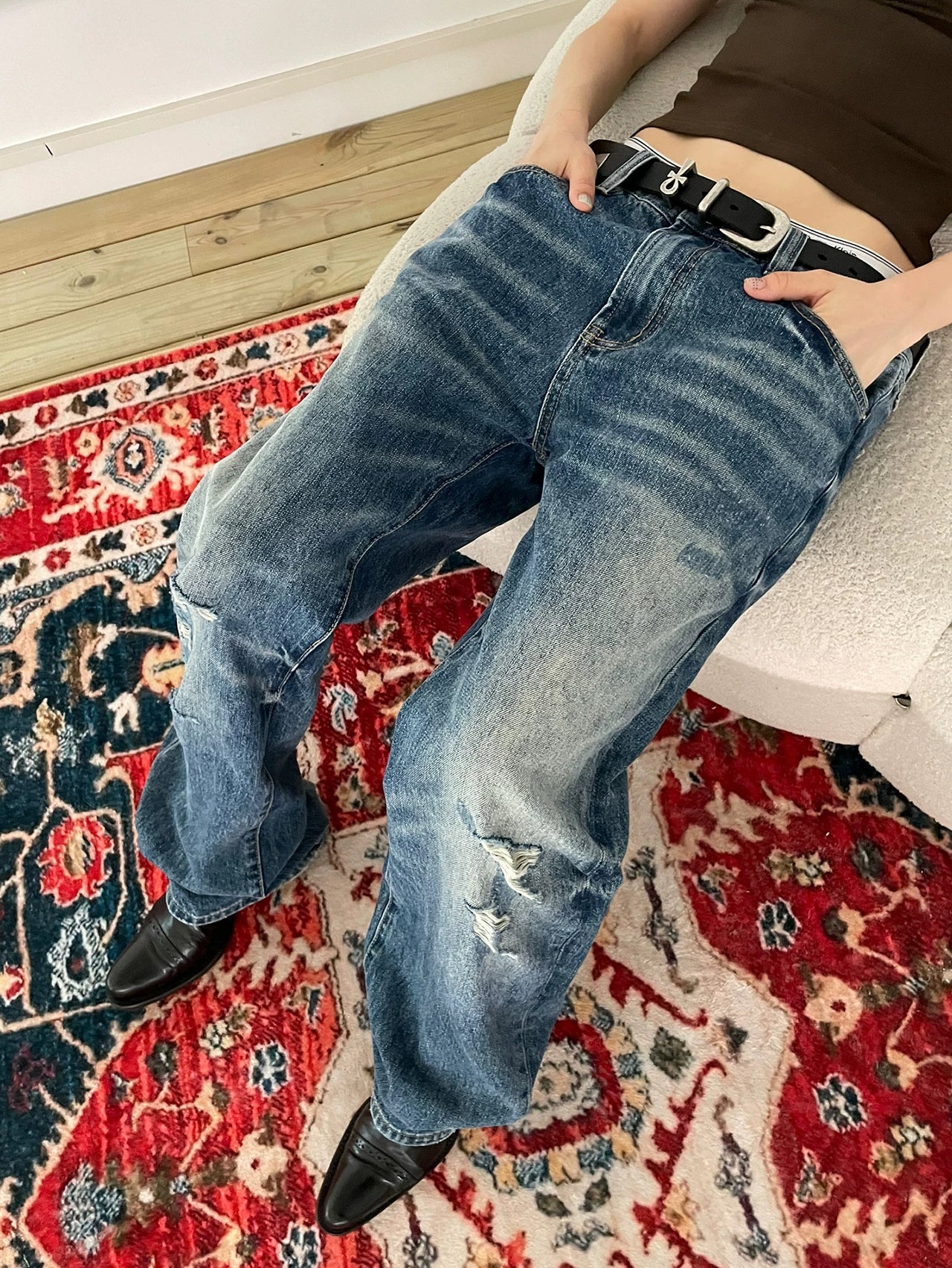 MMBBT Ripped Splicing Embroidered Straight Jeans
