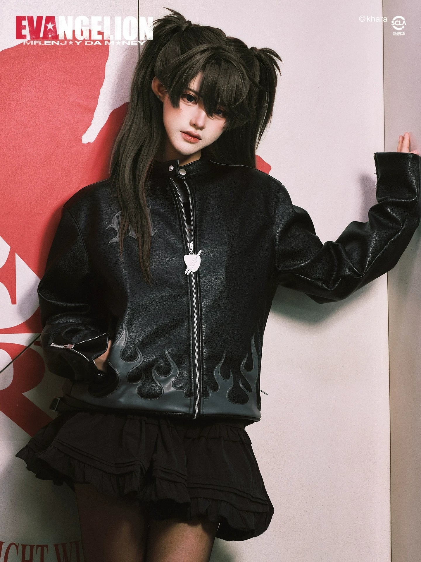 MEDM Flame Print Casual Zip Leather Jacket