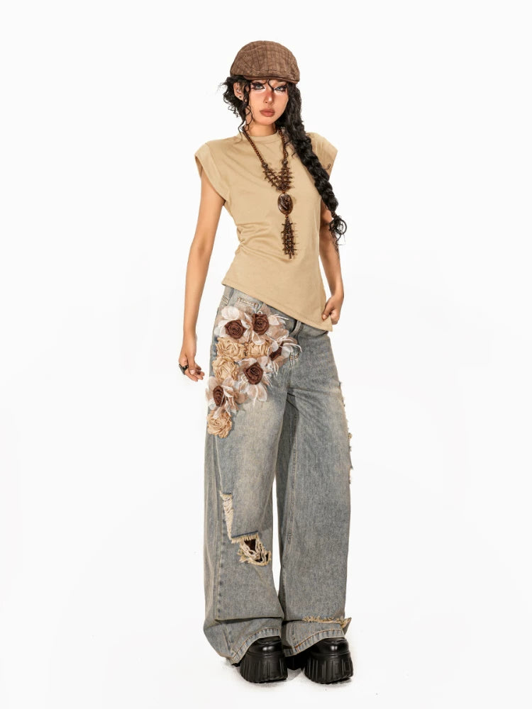 Arielink Three-dimensional Flower Ripped Floor Mopping Jeans