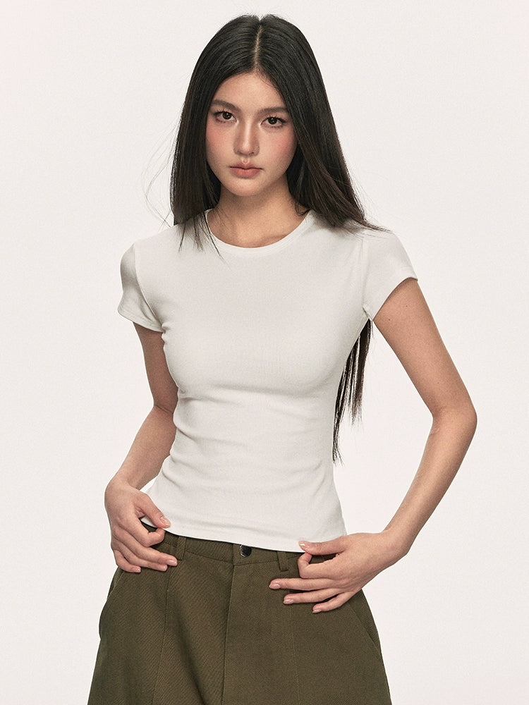 Anna Aneae Straight Shoulder Simple and Versatile Crew Neck Slim Fit Tee