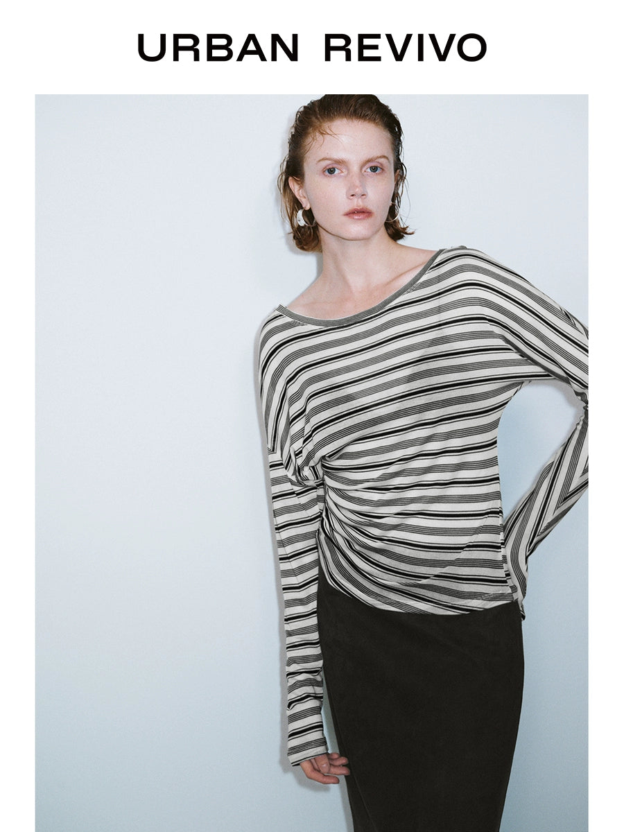 URBAN REVIVO Contrast Striped Slash Neck Pleated Long Sleeve