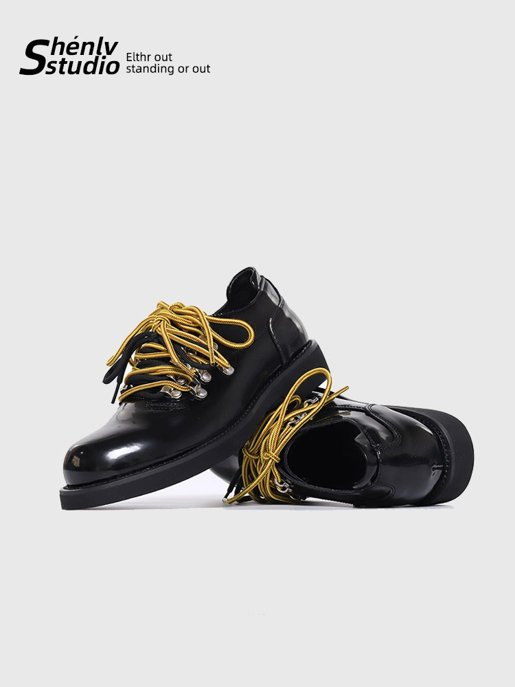 SHENLV STUDIO Patent Leather Glossy Contrasting Multi-lace Platform Leather Shoes