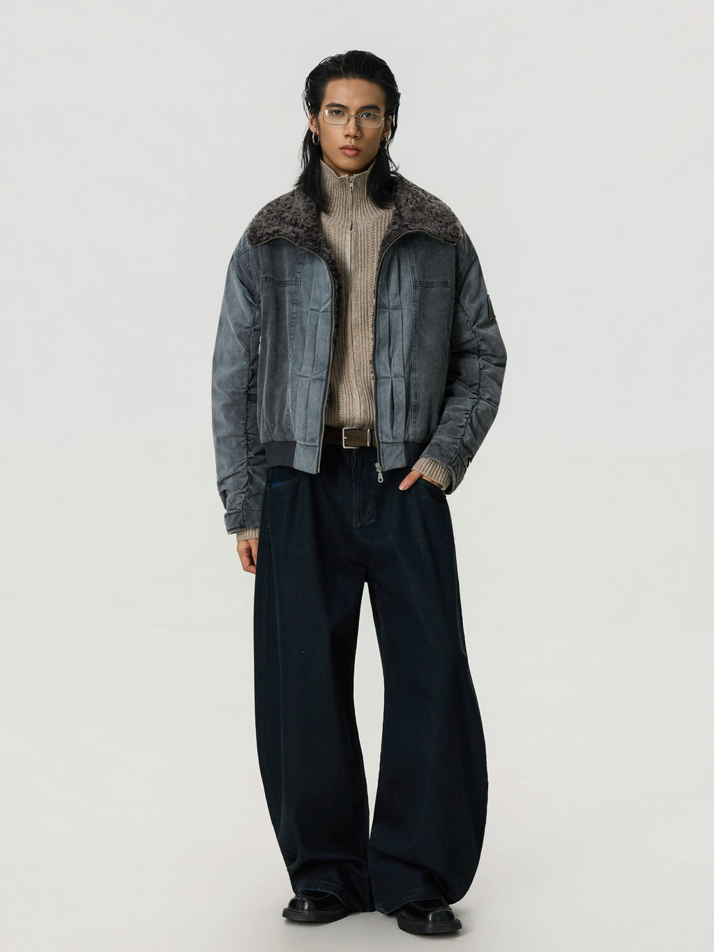 BTSG Lamb Wool Make Old Stand-up Collar Tooling Jacket