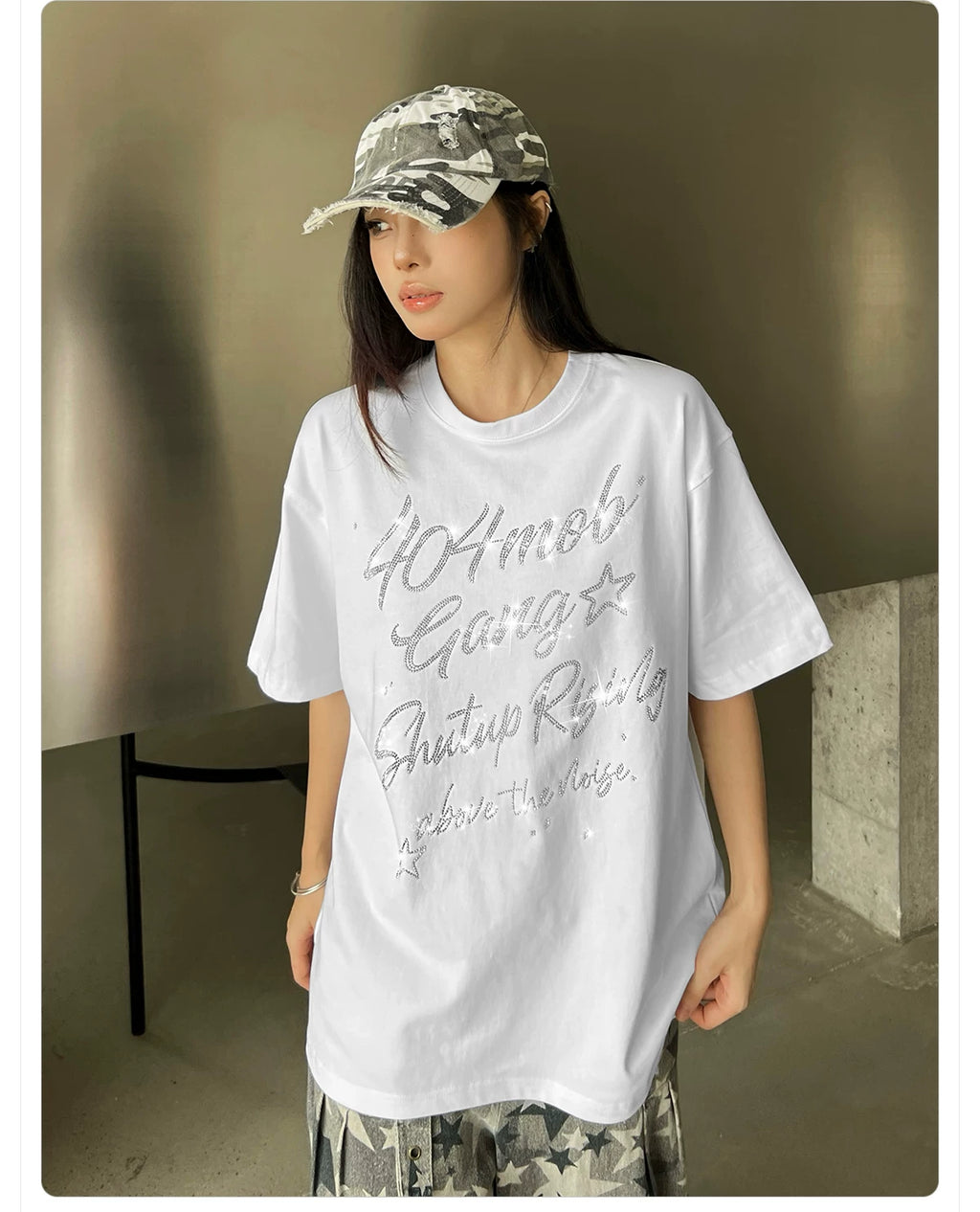 404MOB Letter Hot Diamond Round Neck Loose Tee