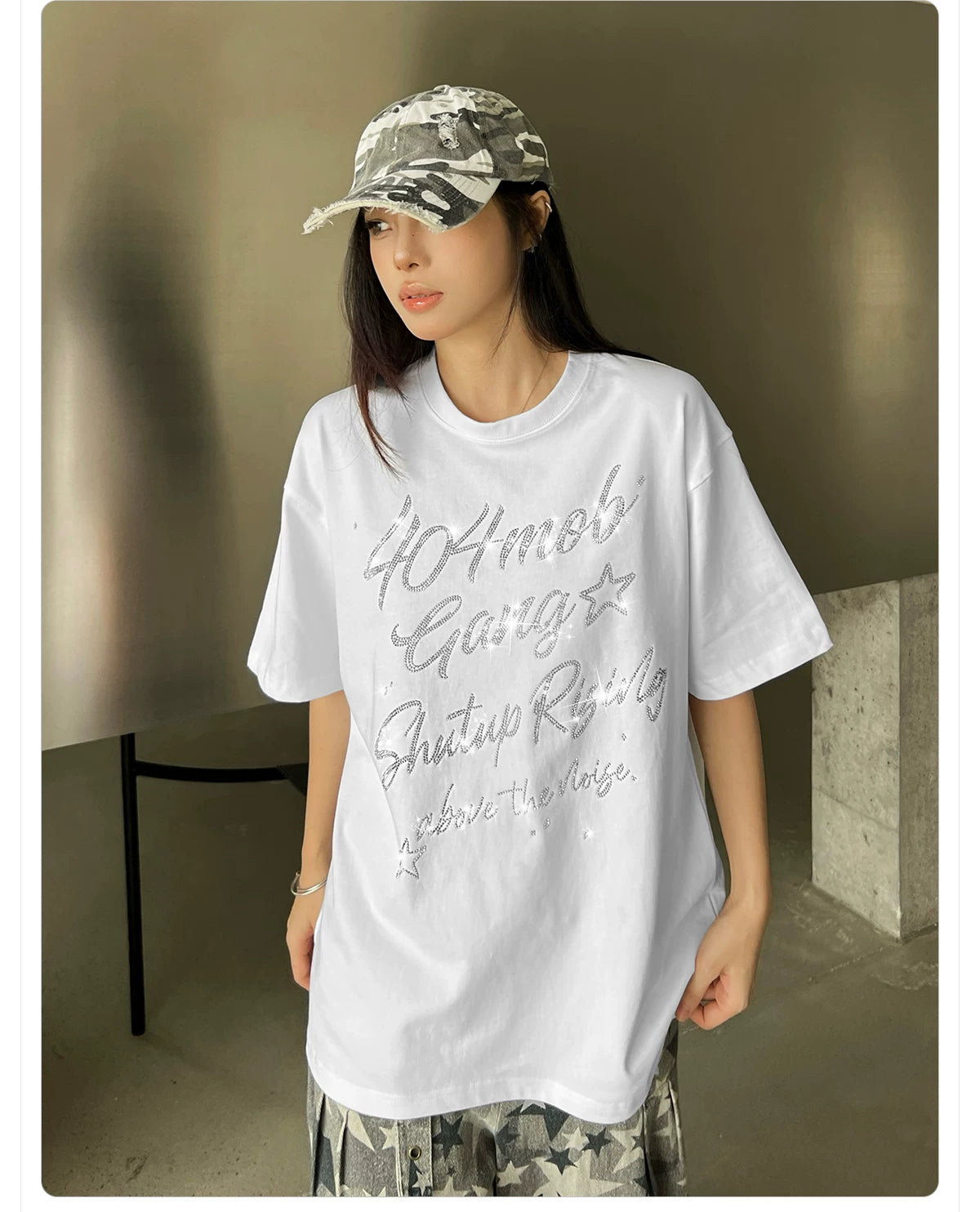404MOB Letter Hot Diamond Round Neck Loose Tee
