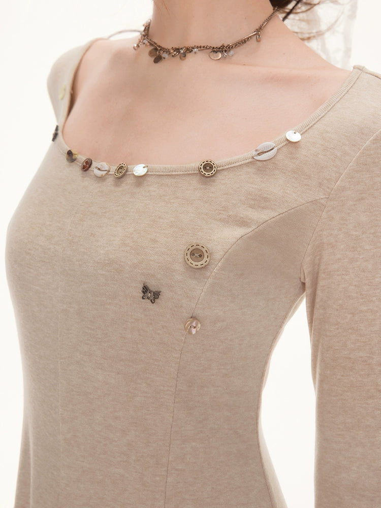 IMONE Vintage Flared Sleeve Pleated Big U-Neck Dress