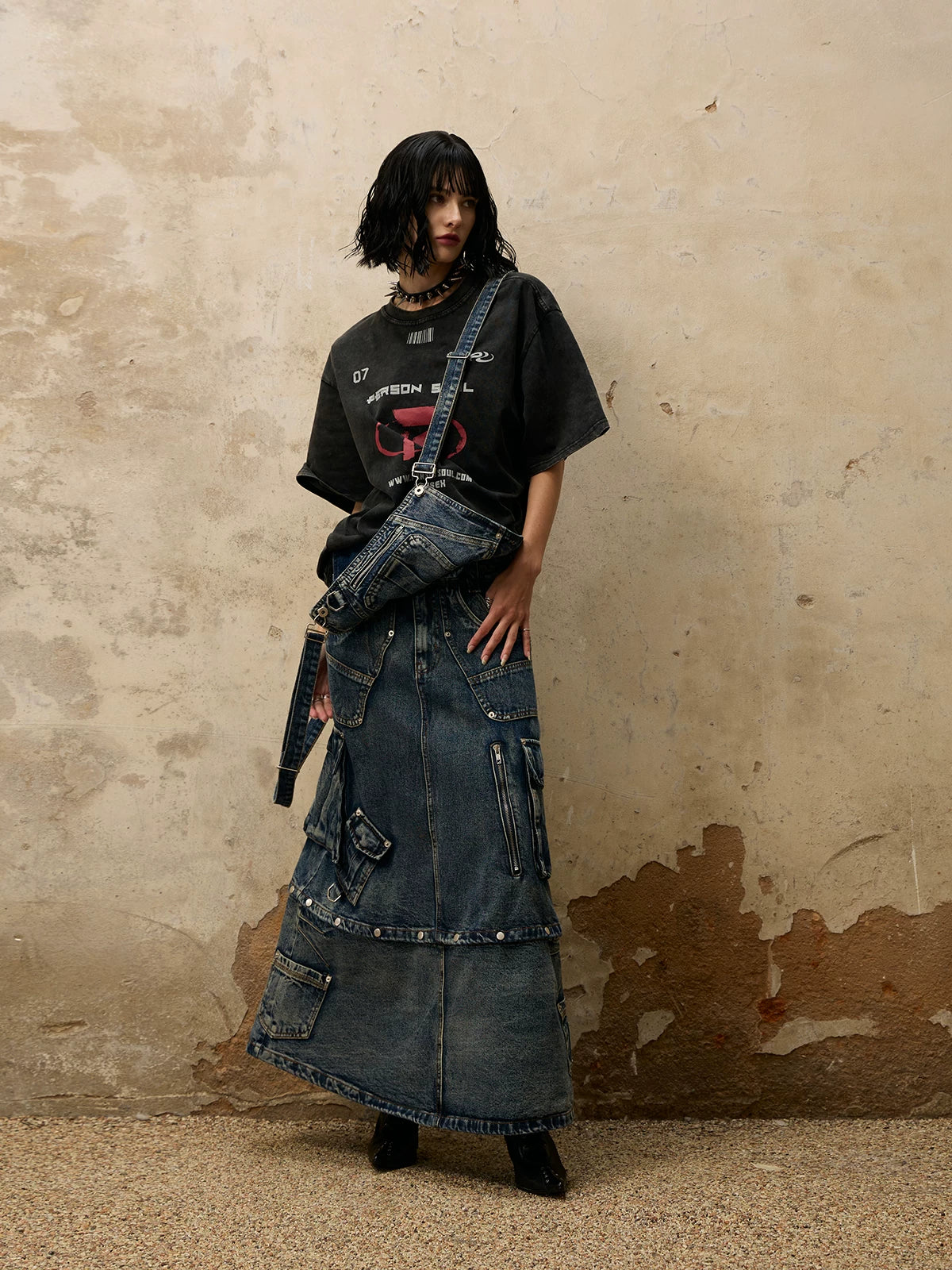 PERSONSOUL Vintage Premium Denim Strap Skirt