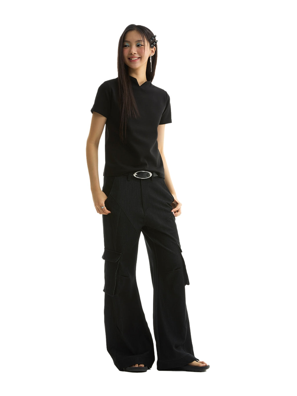 FUNKYFUN V-neck Small Stand-up Collar Space Cotton Slim-fit Tee