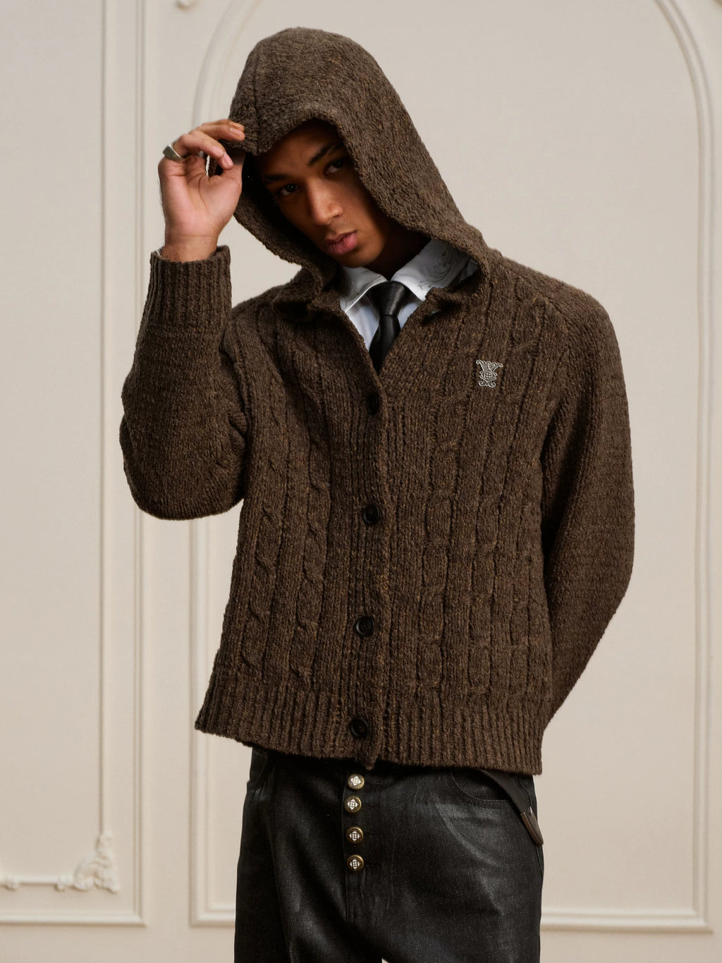 YADcrew Vintage Lazy Twist Hooded Knitted Cardigan