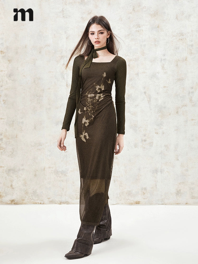 Imone Butterfly Print Pleated Mesh Dress