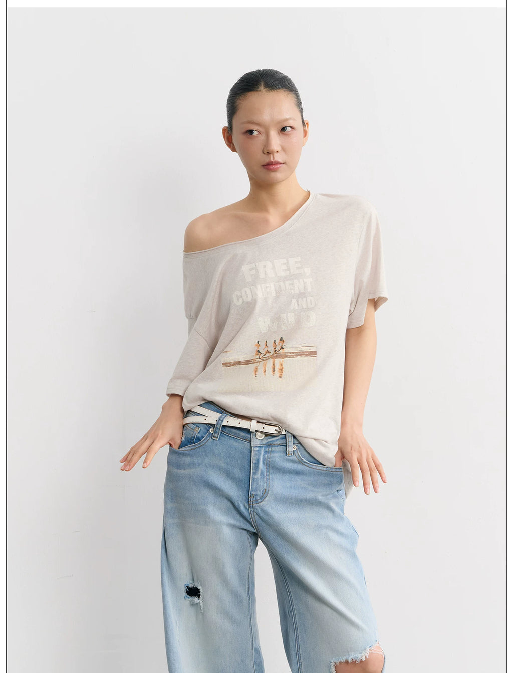 LINY LIBERTY Vintage Curled Round Neck Loose Tee