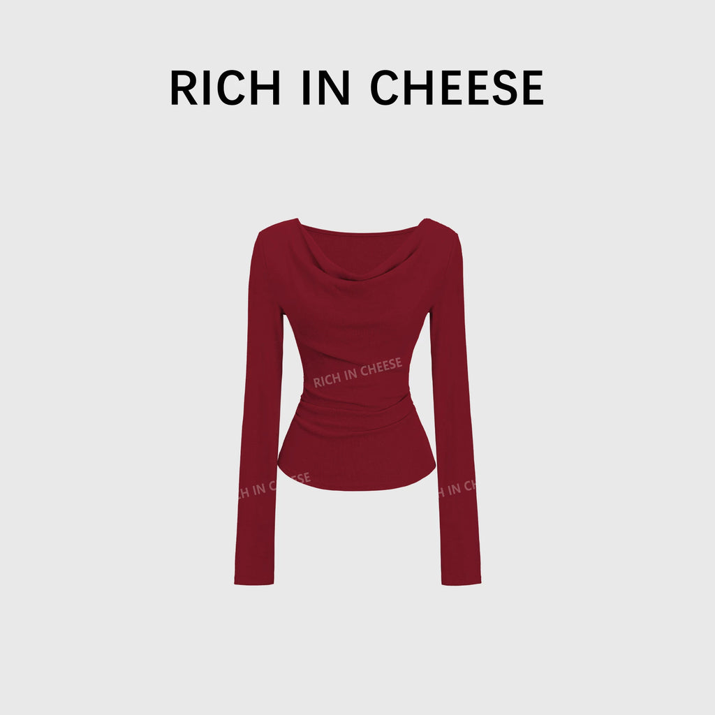 RICH IN CHEESE Swing Neck Knitted Waist Pleated Long Sleeves