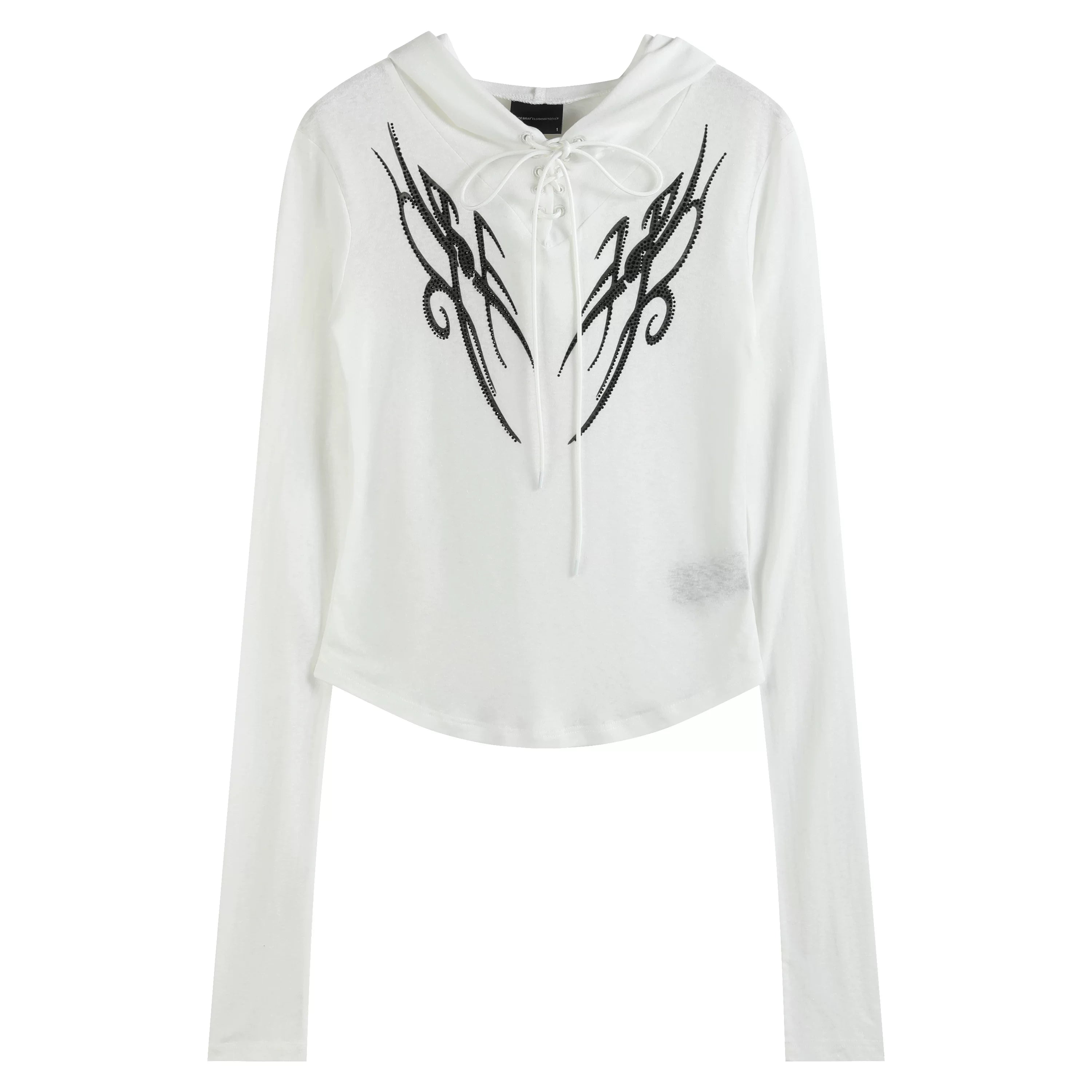 NoEmosen Different World Pattern Totem Print Rhinestone Micro-transparent Slim-fit Hooded Long Sleeve