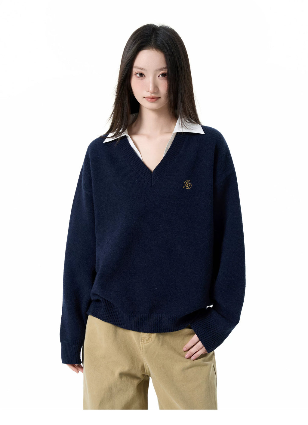 IiamX Fake Two-piece Polo Collar and Shoulder Sweater.