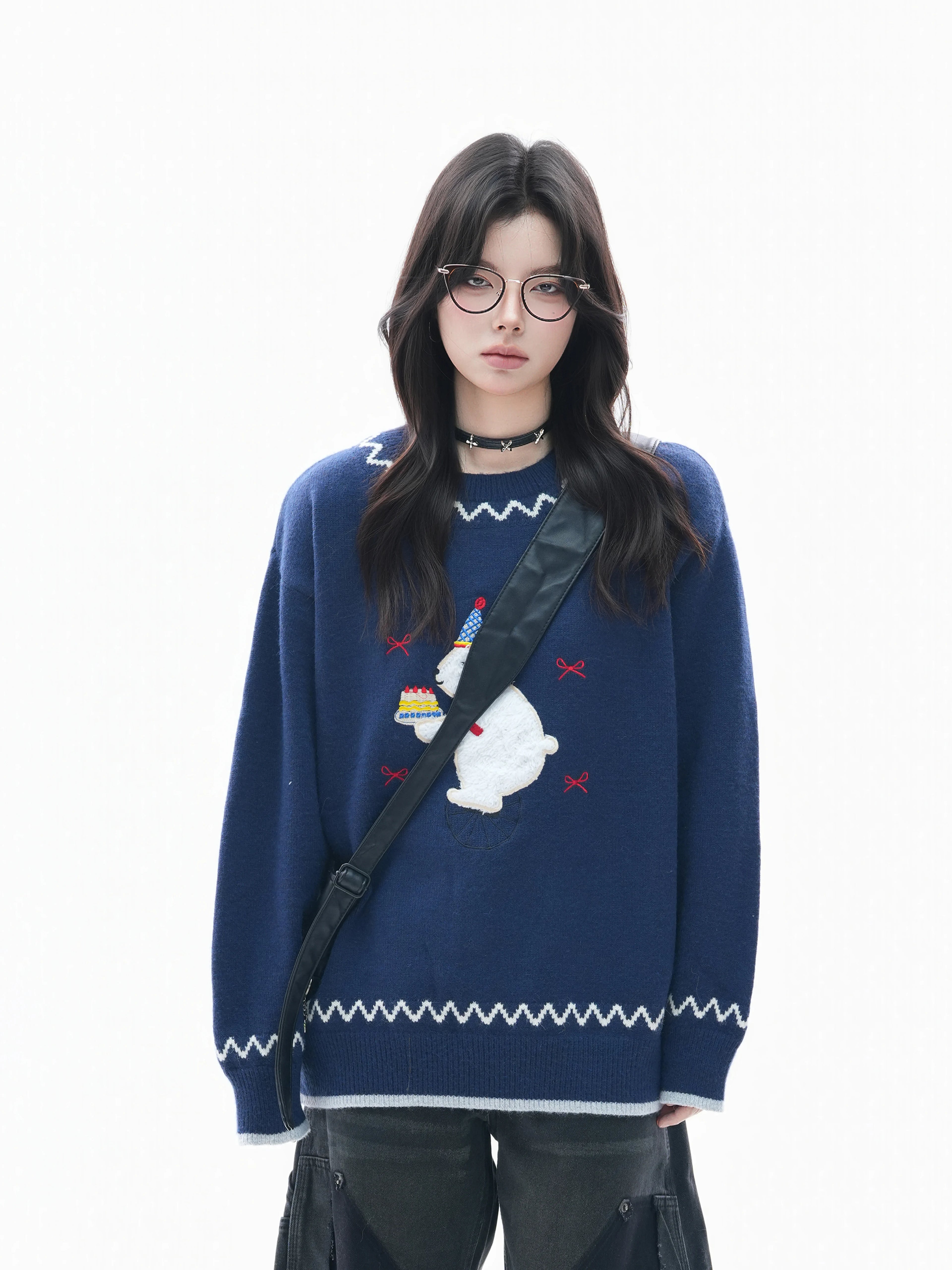 Zuocisankon Vintage Slack Embroidered Plush Rabbit Knitted Sweater