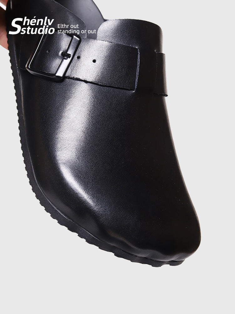SHENLV Studio Genuine Leather Half-drag Black Head Leather Slippers