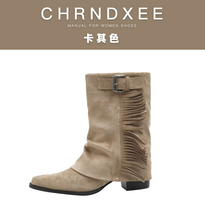 CHRNDXEE Suede Belt Buckle Fringed Western Cowboy Boots