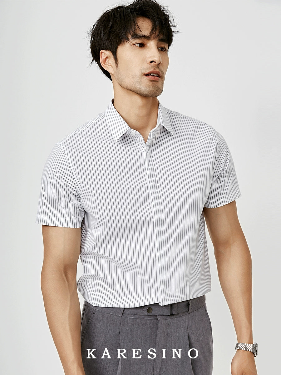 KARESINO Slim Fit Ice Silk Casual Striped Short Sleeve Shirt