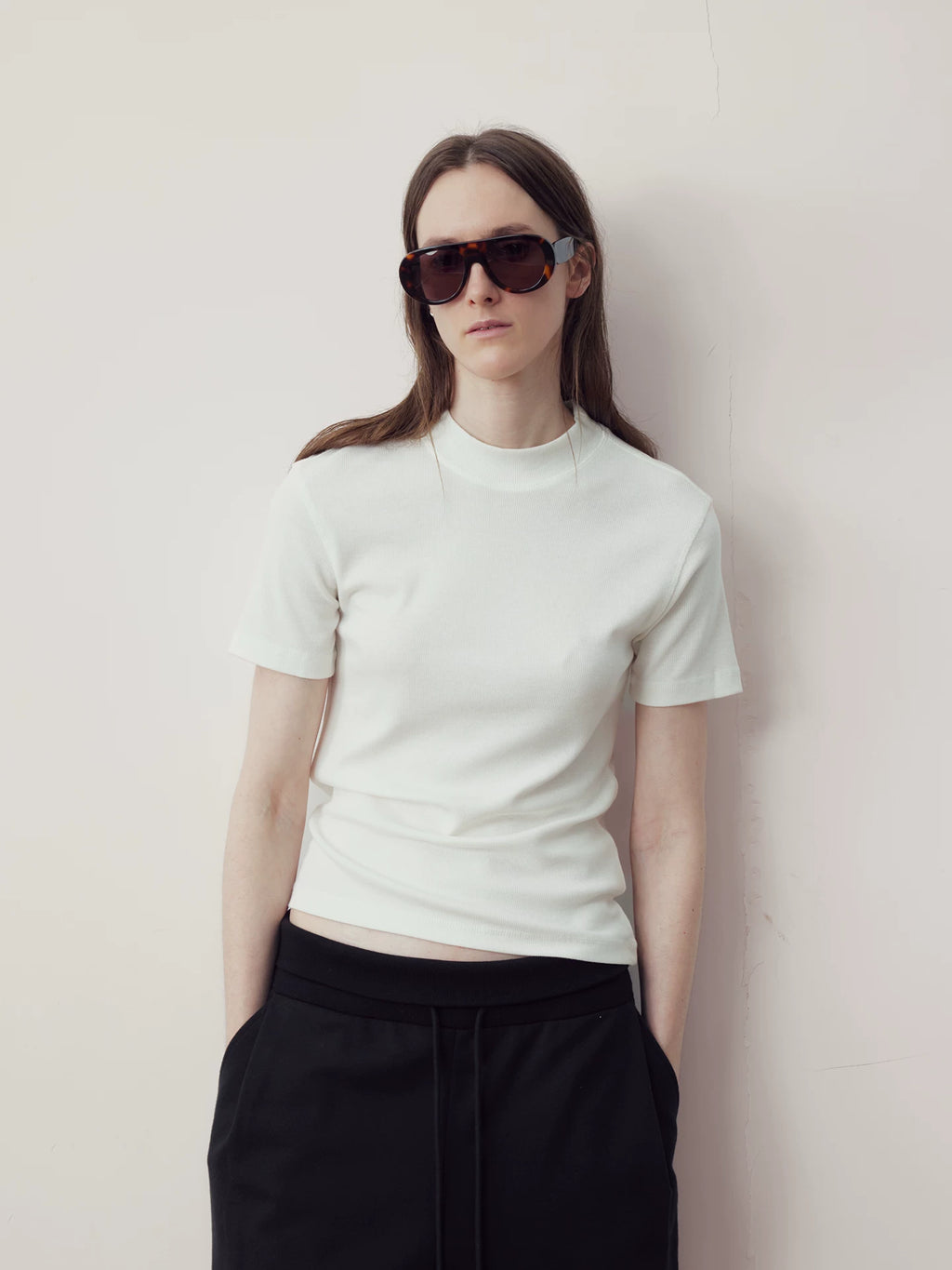 COLN Front Shoulder Breathable Pinstriped Half Turtleneck Tee