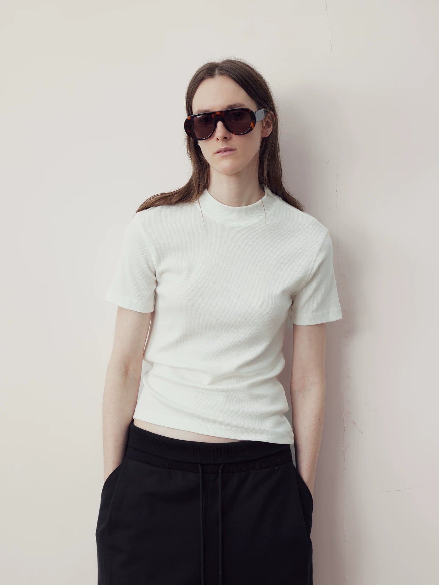 COLN Front Shoulder Breathable Pinstriped Half Turtleneck Tee