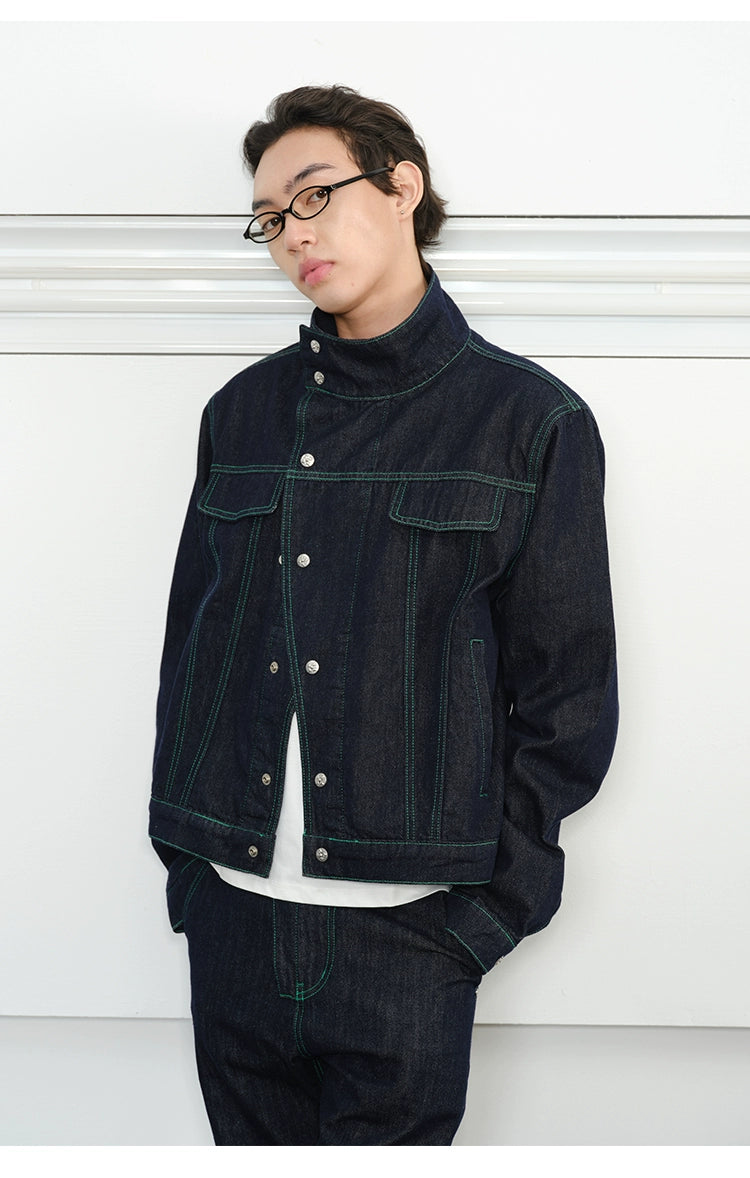 KREATE Contrasting Bright Line Diagonal Placket Stand-up Collar Denim Jacket