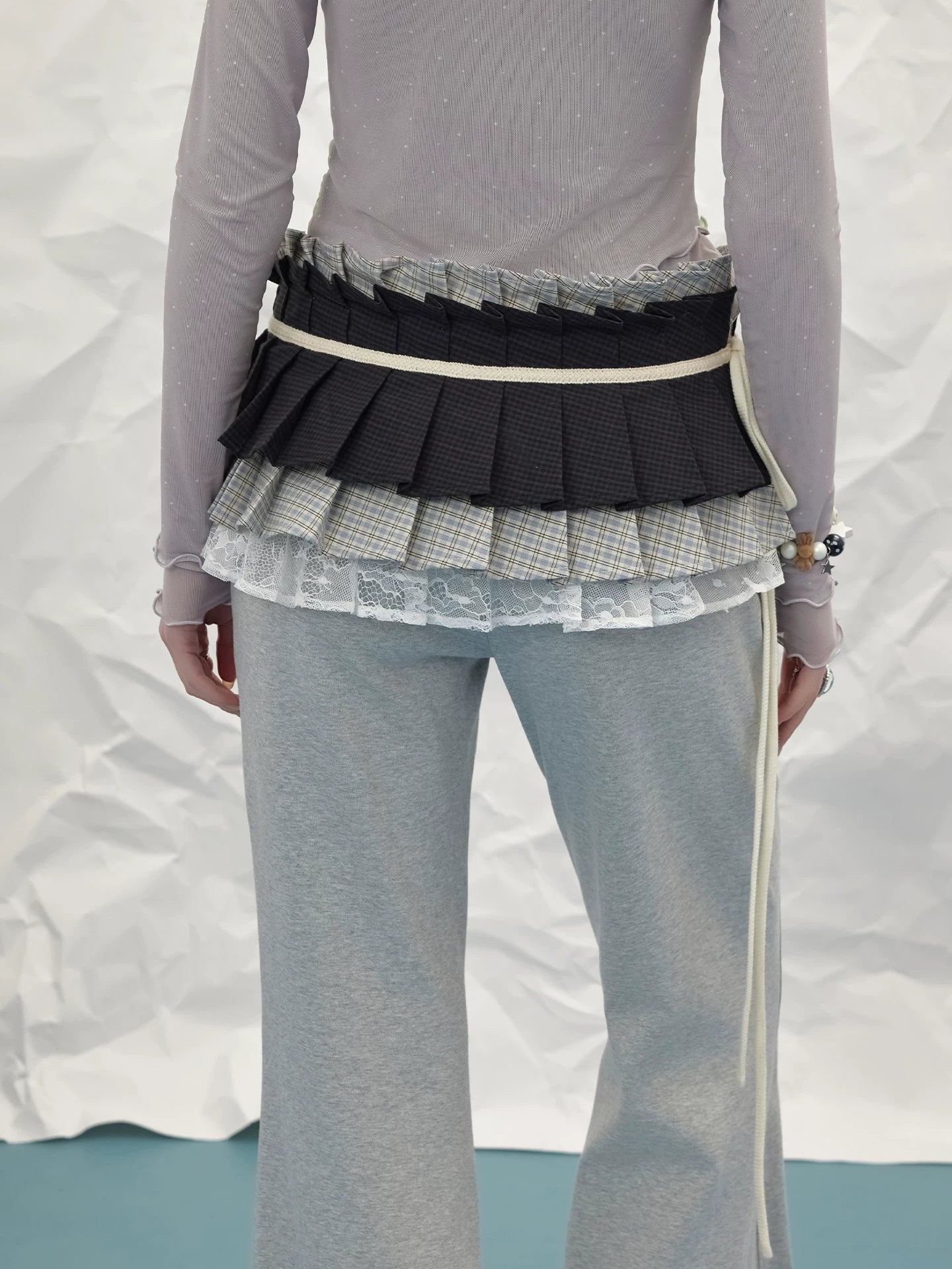 UNIFREE Plaid Splicing Contrasting Color Hem Fart Curtain Skirt