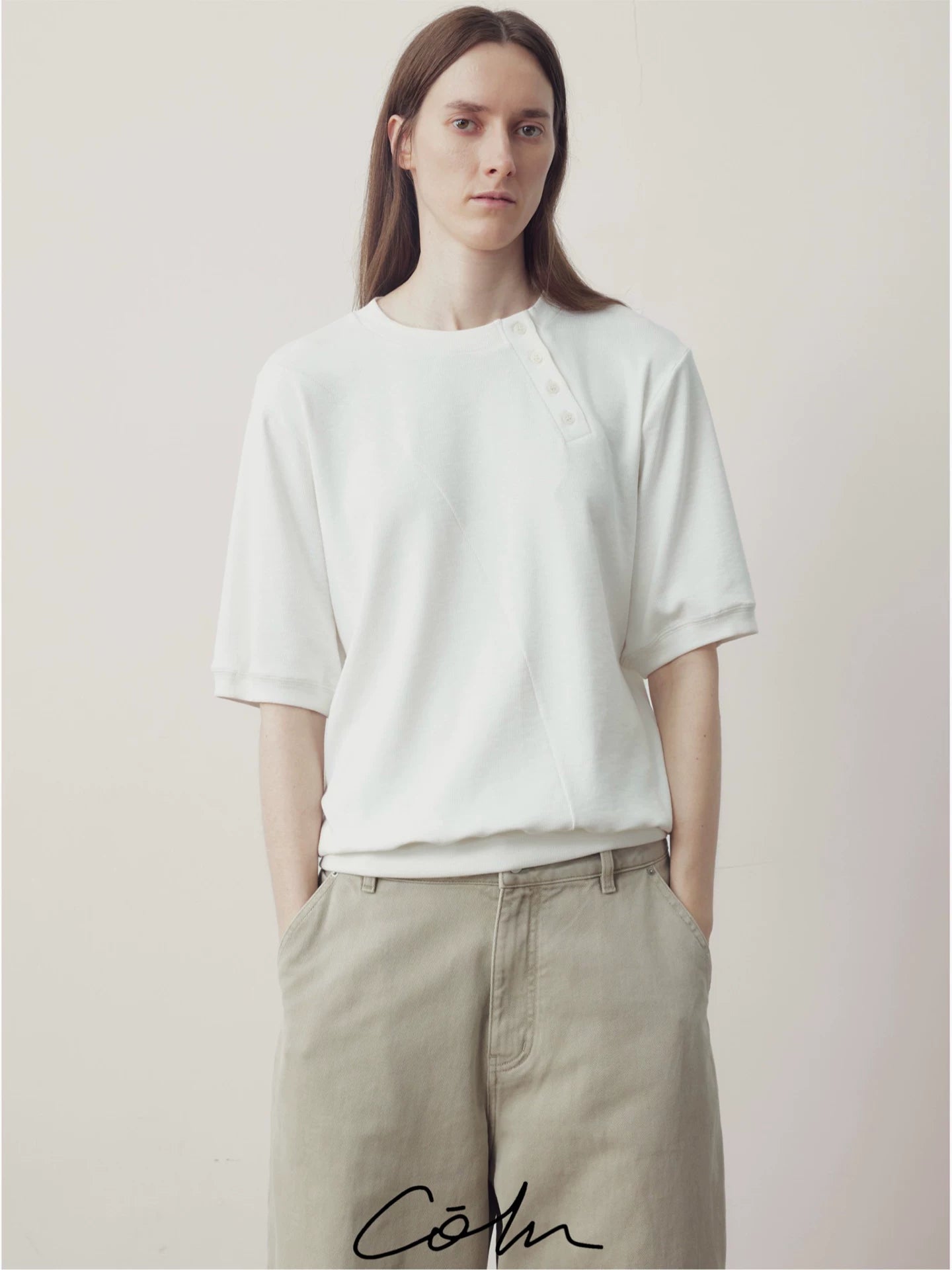 COLN Minimal Loose Slant Neck Polo Tee
