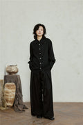 SUNYVONNE Embossed Buckle Loose Pointed Neck Stacked Long-sleeved Shirt