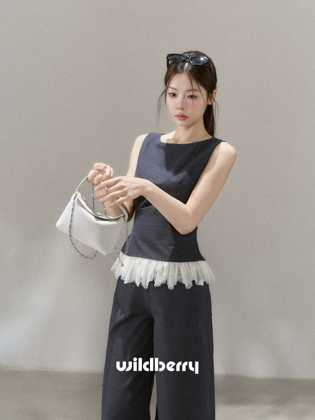Wildberry Sleeveless Splicing Vest High Waist Straight Casual Pants Set