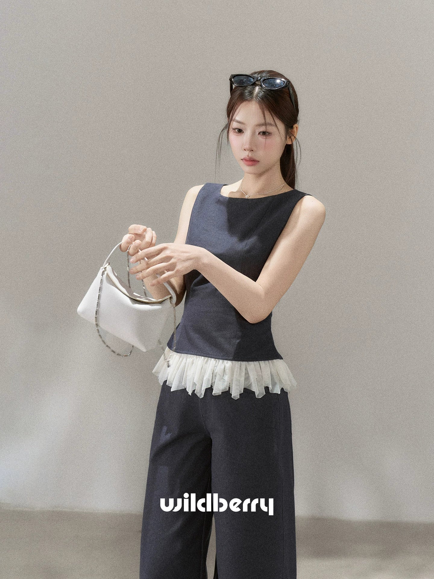 Wildberry Sleeveless Splicing Vest High Waist Straight Casual Pants Set