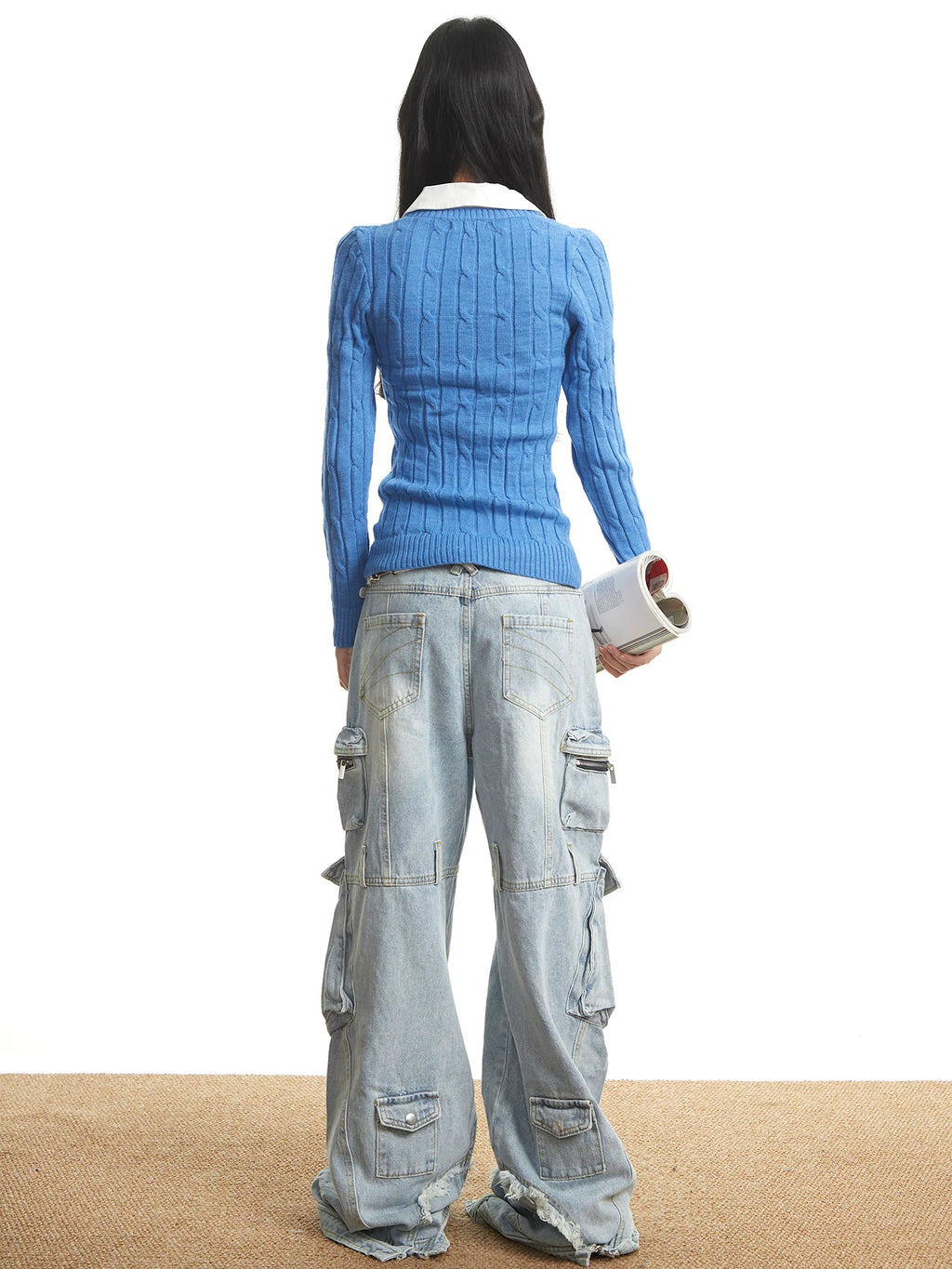 UNCMHISEX Fake Two-piece V-neck Slim-fitting and Thin Knitted Sweater